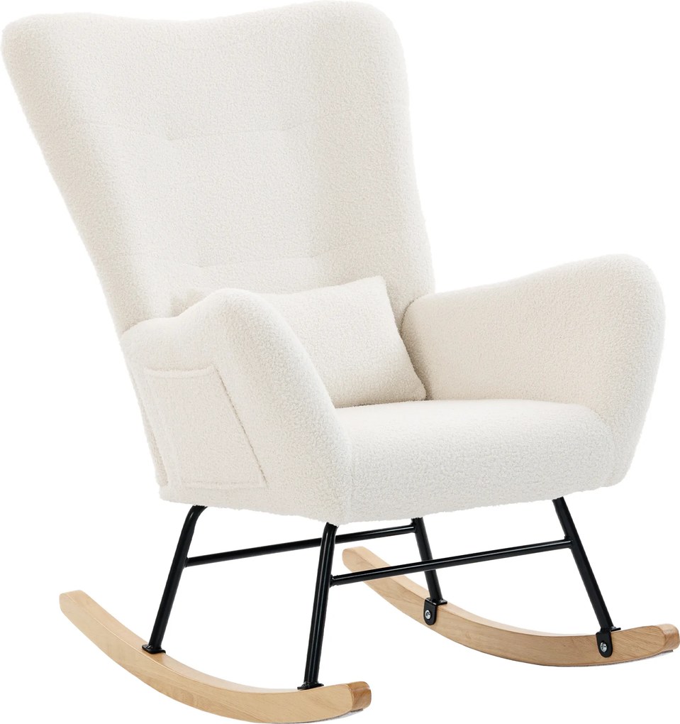 HOMCOM Poltrona Baloiço em Borrego Poltrona para Amamentação com Encosto Acolchoado Almofada e Base de Madeira de Borracha 67x82x100 cm Creme | Aosom Portugal