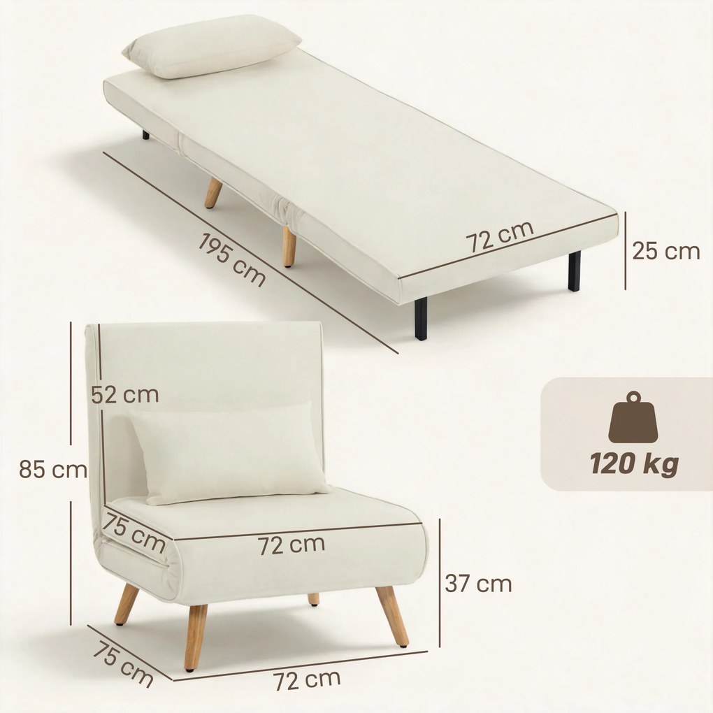 Poltrona conversível 3 em 1: poltrona-cama de 1 lugar, encosto com 5 posições, em tecido com almofada, creme