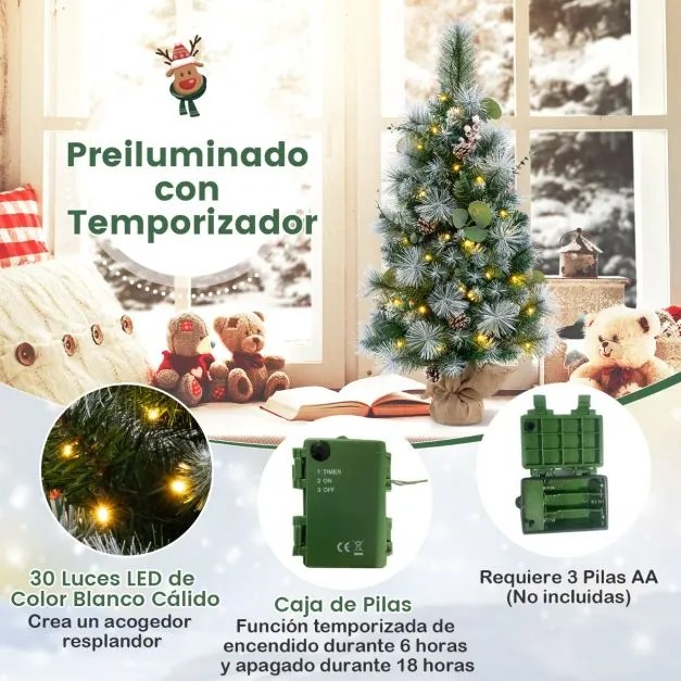Árvore de Natal artificial pré-iluminada de 90 cm com 98 pontas de PVC com neve e agulhas de pinheiro Bagas 30 luzes LED Verde