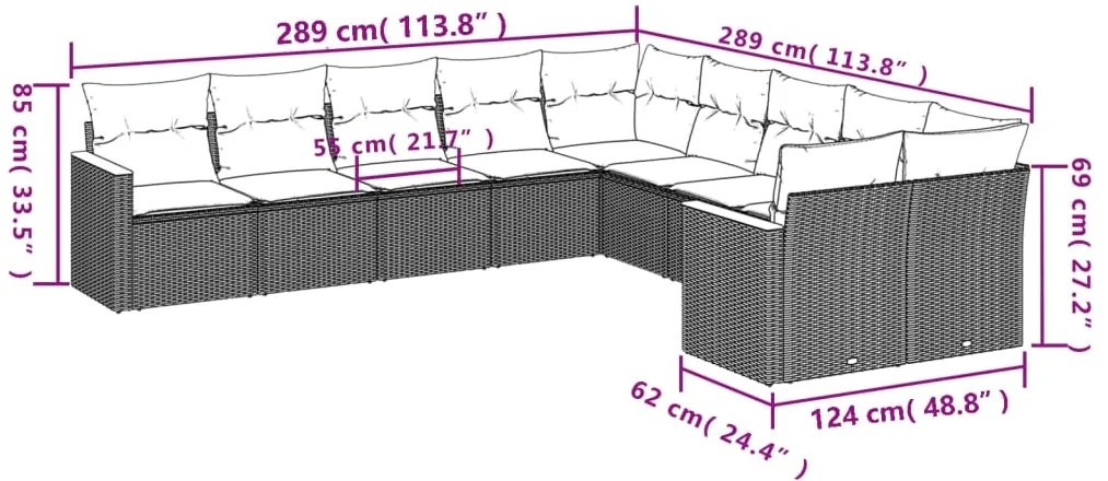 10 pcs conjunto sofás de jardim c/ almofadões vime PE cinzento