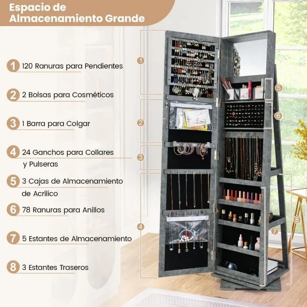 Espelho giratório 360° para joias com espelho de corpo inteiro Organizador de joias com espelho para maquilhagem 39 x 39 x 161 cm Cinza escuro