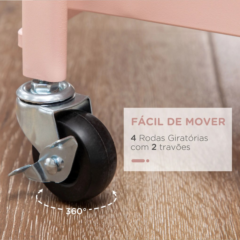 Carrinho Auxiliar com Rodas Dobrável Carrinho de Armazenamento de 3 Níveis com 4 Ganchos para Casa de Banho Cozinha Sala de Estar 43x31x89cm Rosa