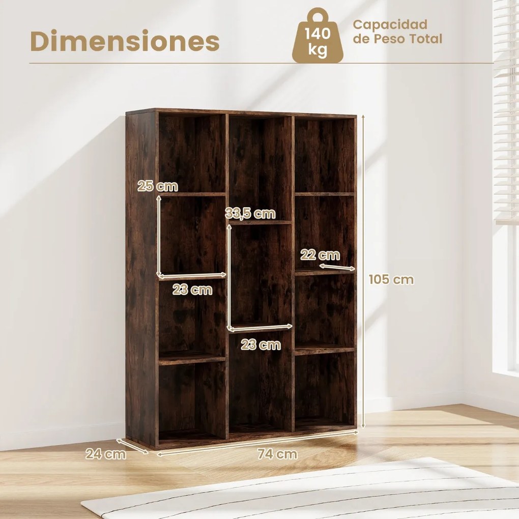 Estante com 11 cubos 74 x 24 x 105 cm para livros vertical ou horizontal em madeira Castanho