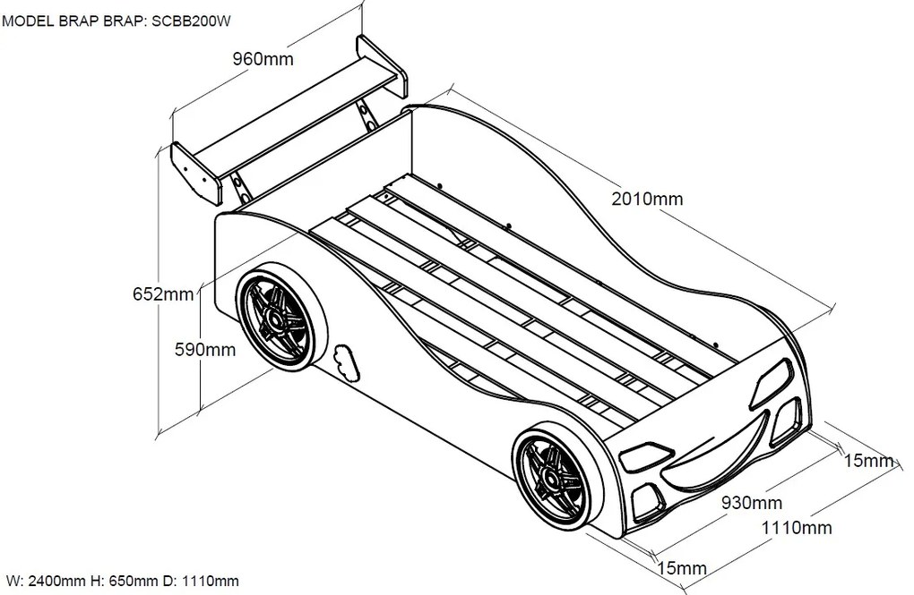 Cama Carro para Crianças 90x200cm BRAP BRAP CAR BRANCA
