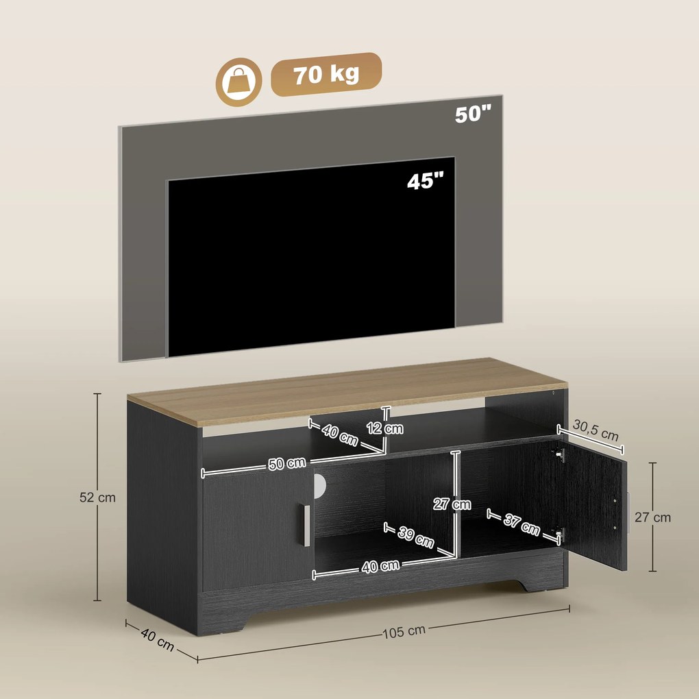 Móvel de televisão 105 x 40 x 52 cm com 2 compartimentos abertos, 2 armários com portas e um armário aberto, com efeito de madeira preta