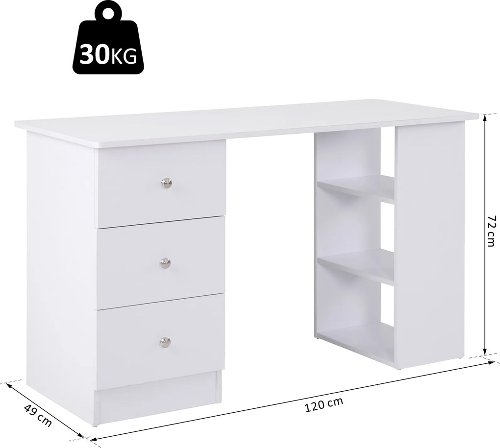 Secretária multimédia com várias opções de arrumação: 3 gavetas e 2 prateleiras, 120 x 49 x 72 cm, branca
