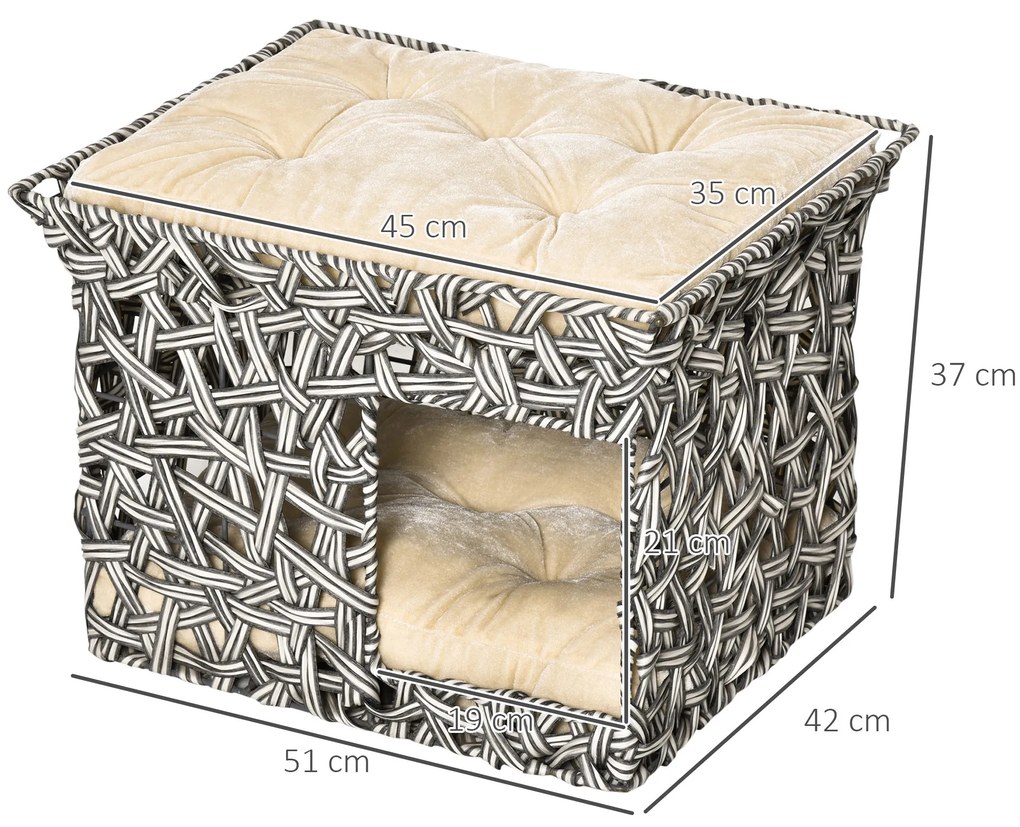 Cesta de Vime para Gatos de 2 Níveis Cama Caverna de Gatos com 2 Almofadas Suaves Estrutura de Metal 51x42x37cm Cinza e Bege