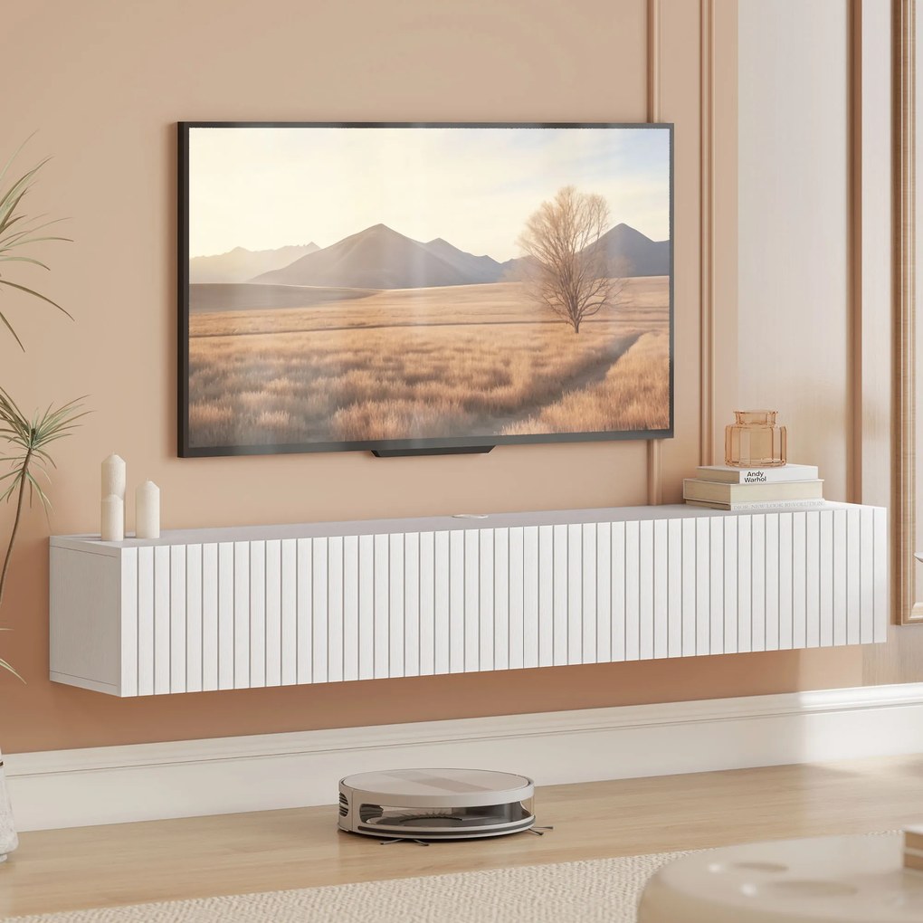 Móvel de TV suspenso de 140 cm, móvel para televisor de 72 polegadas, 2 portas rebatíveis, 140 x 25 x 22 cm, branco