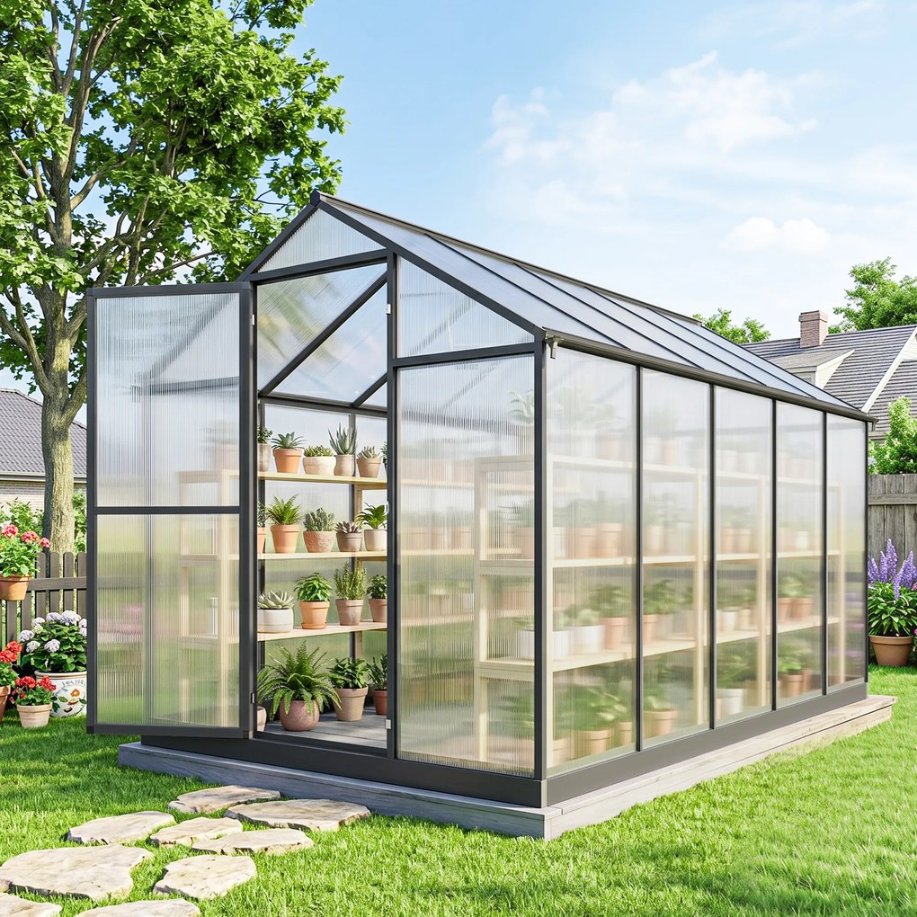 Estufa de jardim em alumínio e policarbonato, com janelas superiores ajustáveis, 303 x 183 x 195 cm, transparente