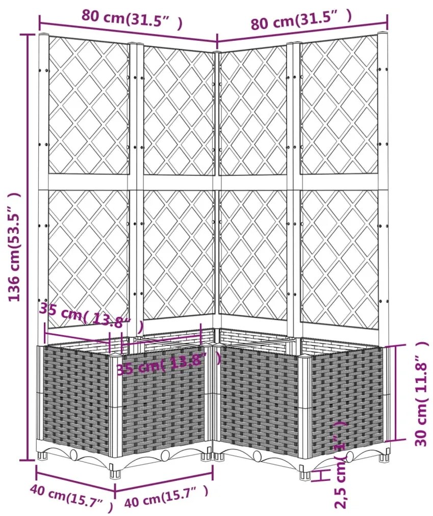 Vaso/floreira de jardim c/ treliça 80x80x136 cm PP branco