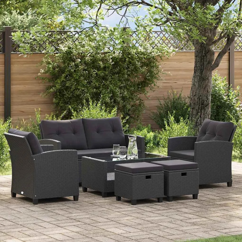 vidaXL 6 pcs conjunto sofás de jardim c/ almofadões vime PE preto
