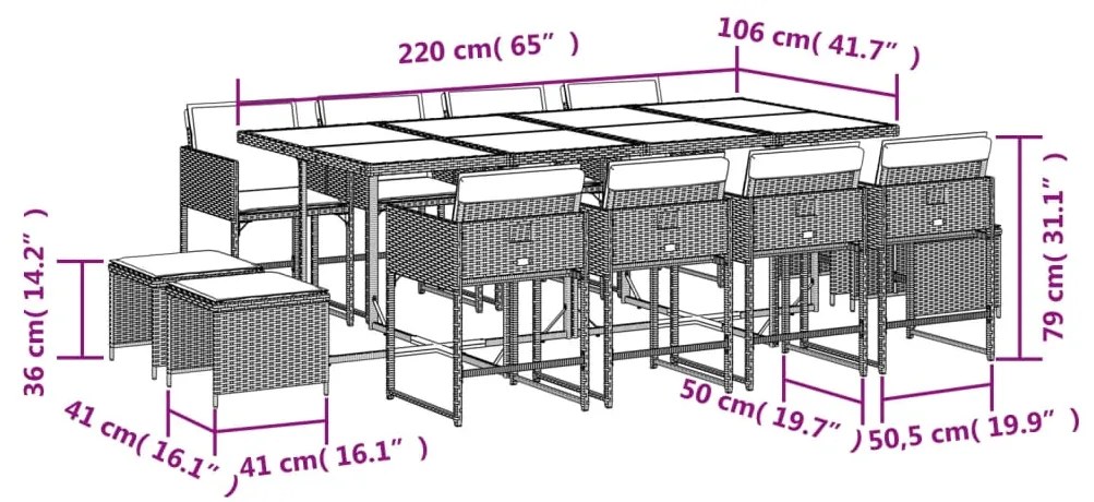 13 pcs conjunto de jantar p/ jardim com almofadões vime PE bege