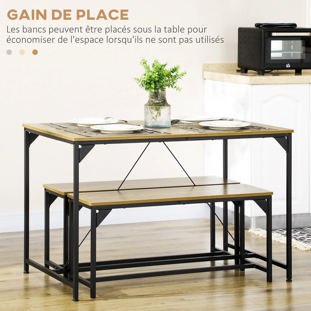 Conjunto de mesa de jantar e 2 bancos com estrutura em aço para 4 pessoas, para cozinha, sala de jantar e sala de estar, em tons naturais e pretos