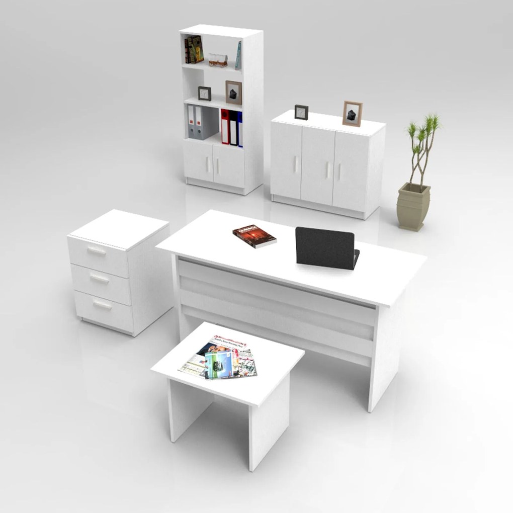 Conjunto de Mobiliário de Escritório VO14 – Branco – Mesas: 140x73,8x6
