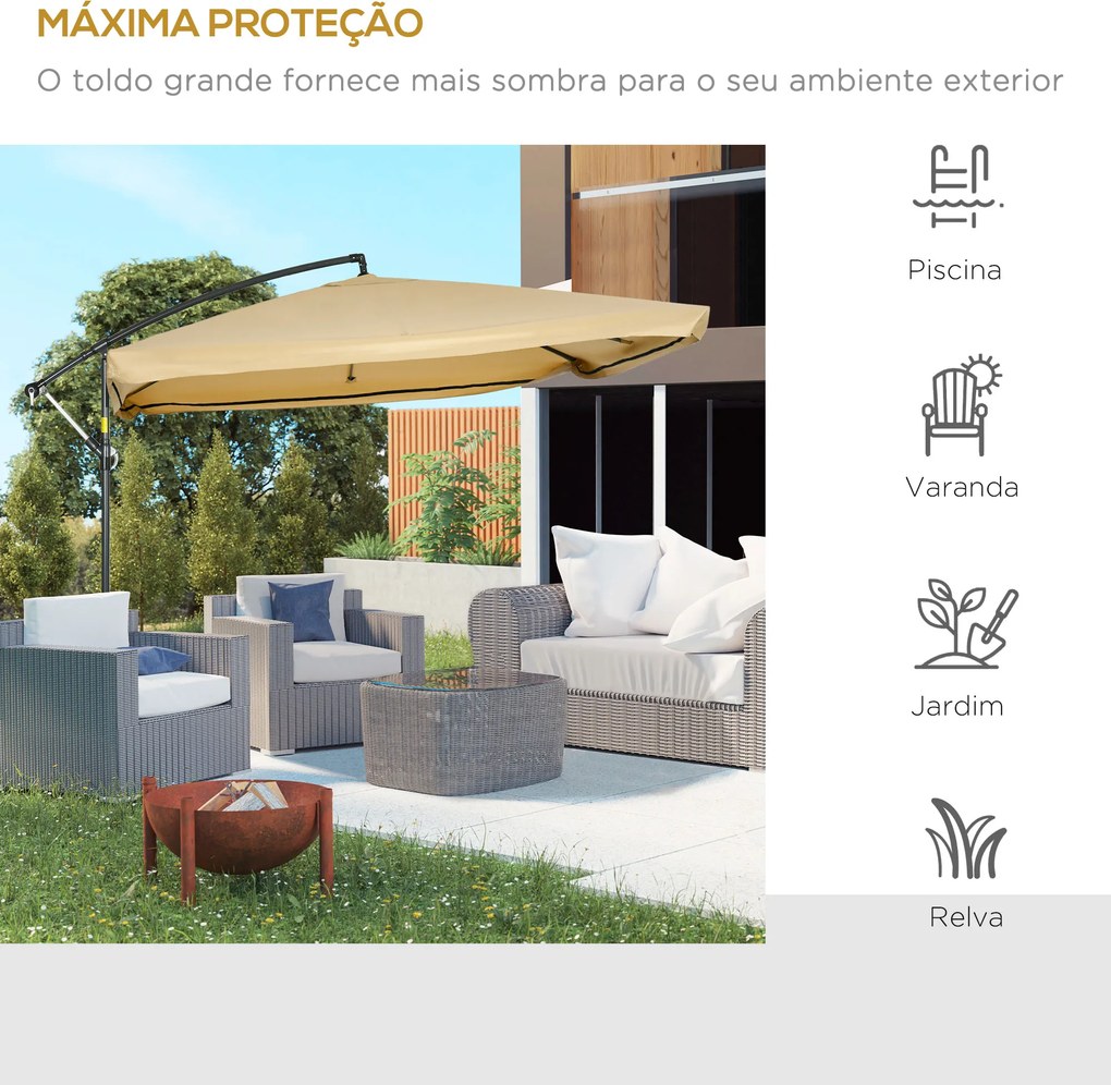 Chapéu de Sol de Jardim 296x296x265cm Chapéu de Sol Excêntrico com Rede Mosquiteira manivela Base Cruzada e Suporte de Aço para varanda Pátio Exterior