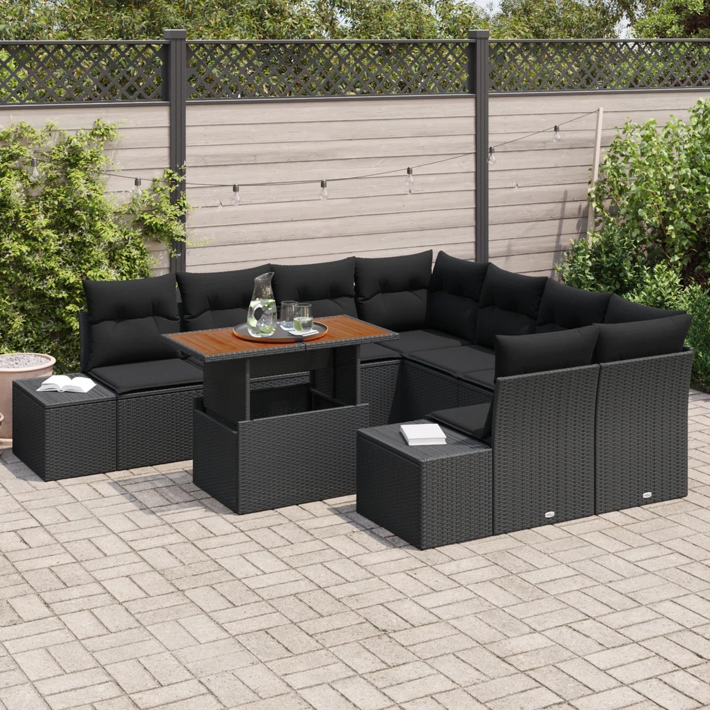 Conjunto de Sofá de Jardim de 9 Peças com Almofadas Preto de Rattan Po