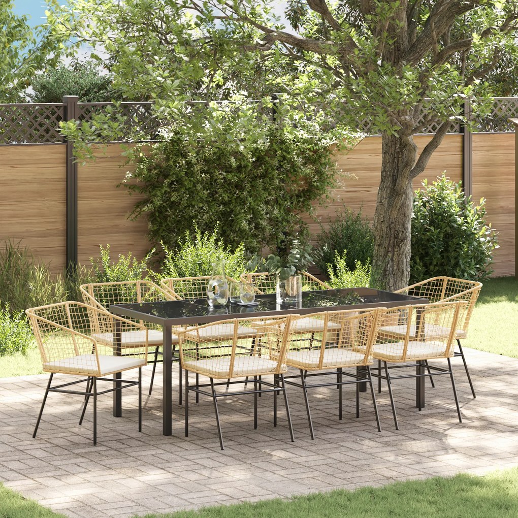 vidaXL Conjunto de Jantar de Jardim com 9 Peças e Almofadas Marrom Rattan Poliéster