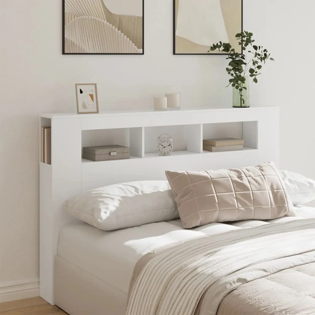 Cabeceira cama c/ LEDs 160x18,5x103,5 cm deriv. madeira branco