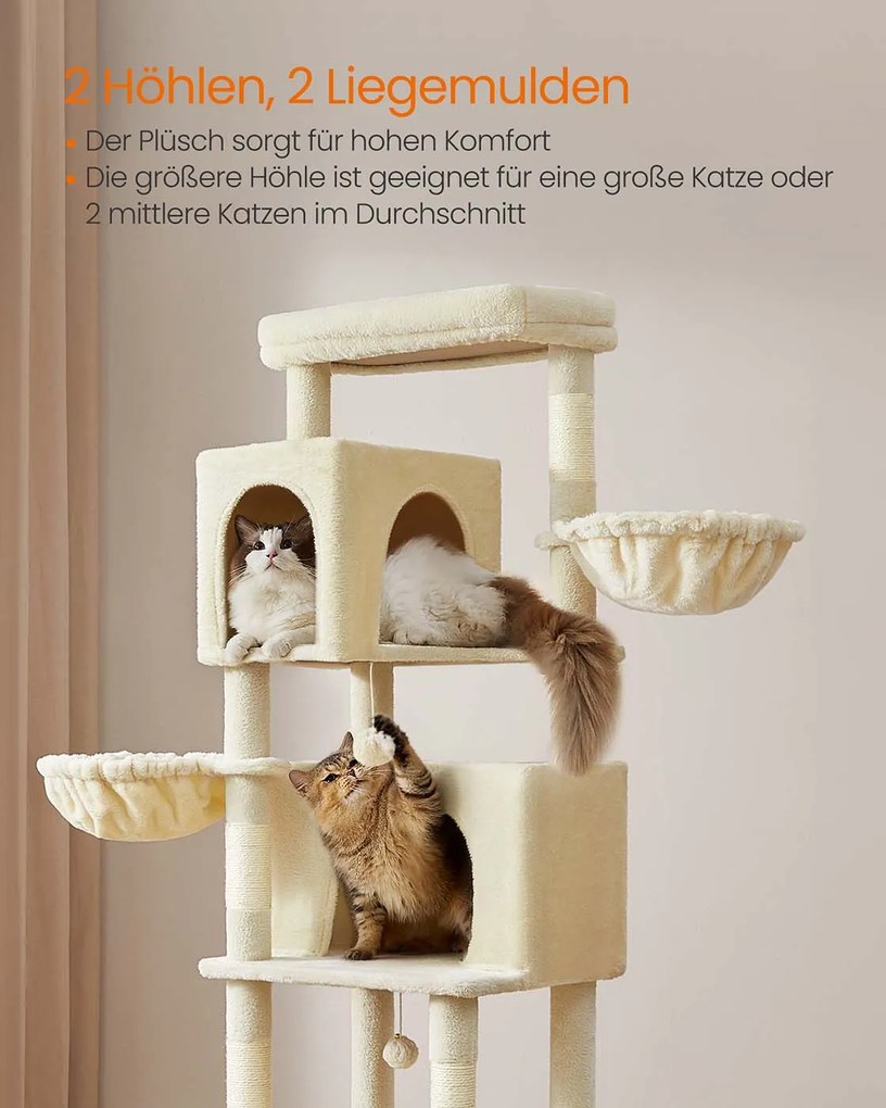Arranhador para gatos com 190,7 cm de altura, 2 cavernas e 2 cavidades para descansar, cor areia bege