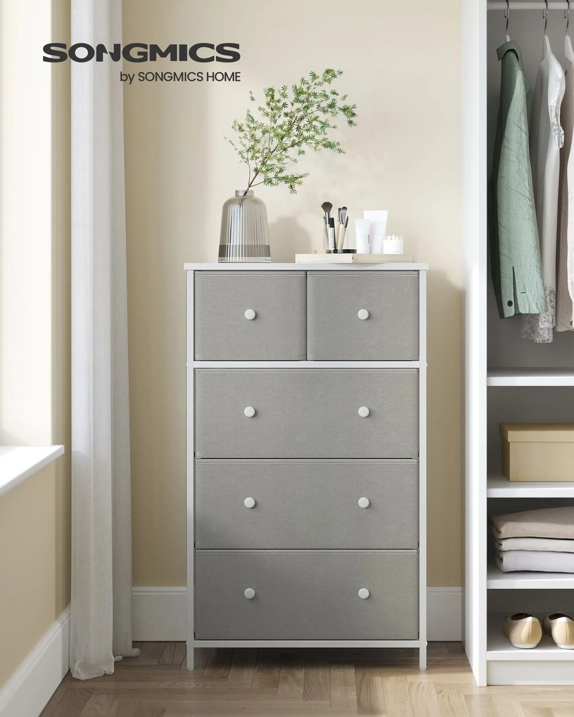 Cómoda com 5 gavetas em tecido e armação em metal 30 x 56 x 93 cm cinzento e branco