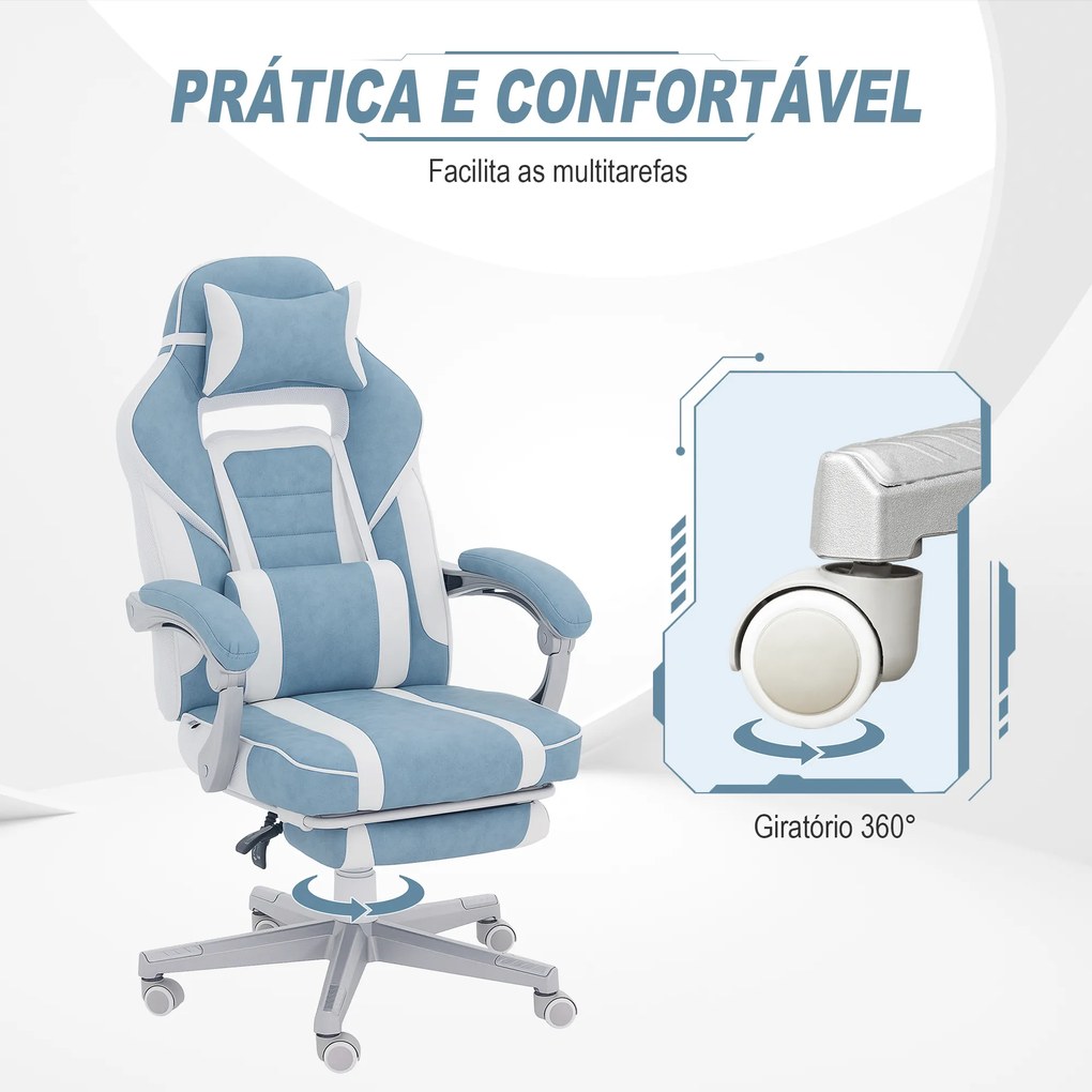 Cadeira Gaming Cadeira de Escritório Reclinável Apoio para os Pés Retrátil Suporte Lombar e Almofada para a Cabeça 63x63x115,5-123 cm Azul