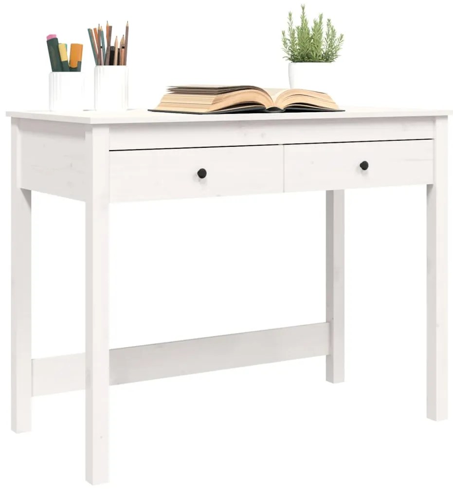 Secretária com 2 Gavetas - Branco - 100x50x78 cm - Pinho Maciço