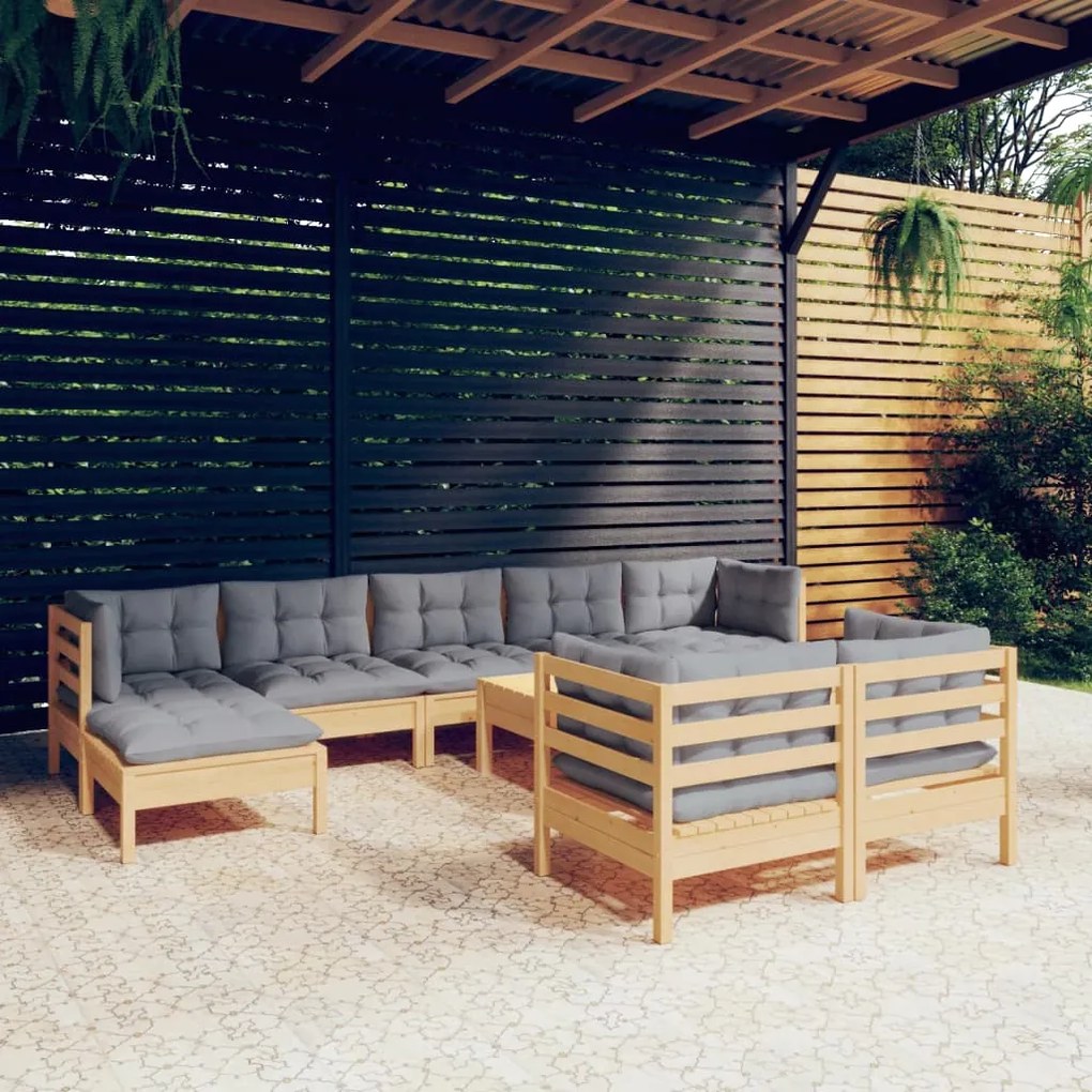 vidaXL 10pcs conjunto lounge de jardim + almofadões cinza pinho maciço