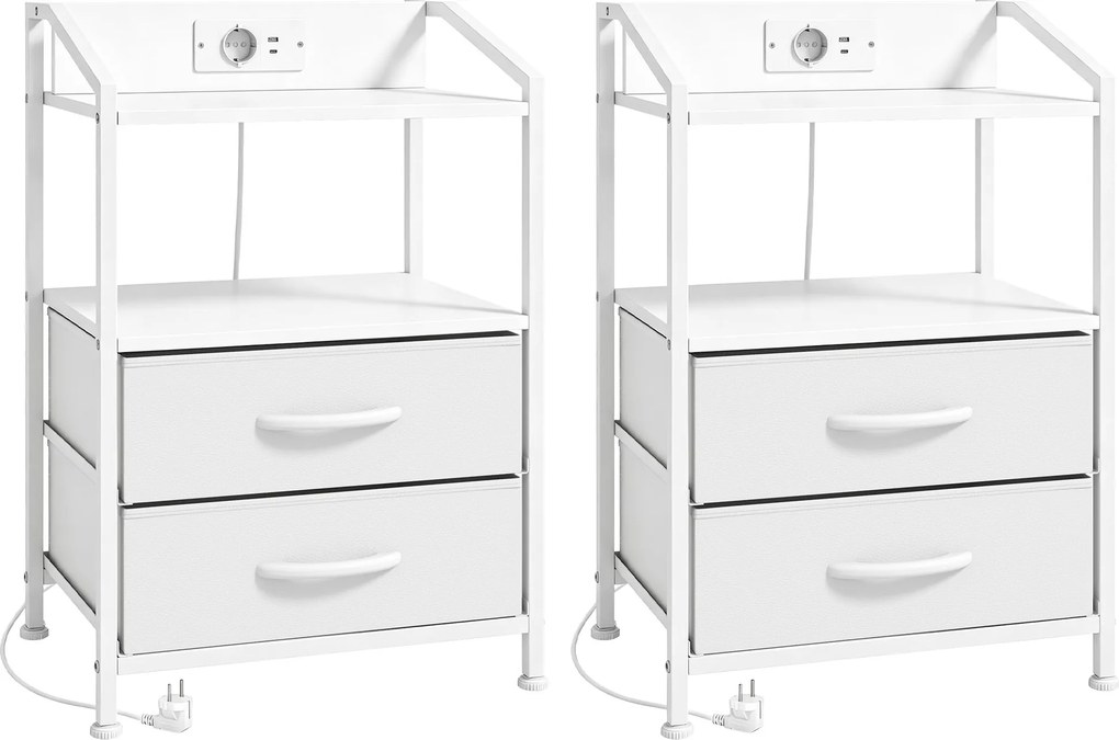 HOMCOM Conjunto de 2 Mesas de Cabeceira com LED RGB e Estação de Carregamento, 2 Gavetas em Tecido, para Quarto, 40x30x60 cm, Branco | Aosom Portugal