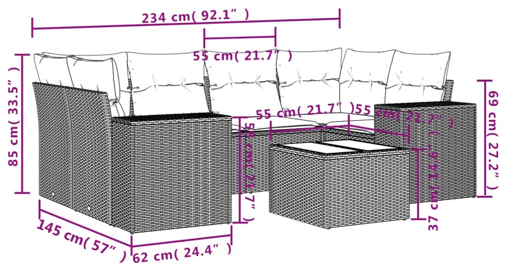 7 pcs conjunto de sofás p/ jardim com almofadões vime PE bege