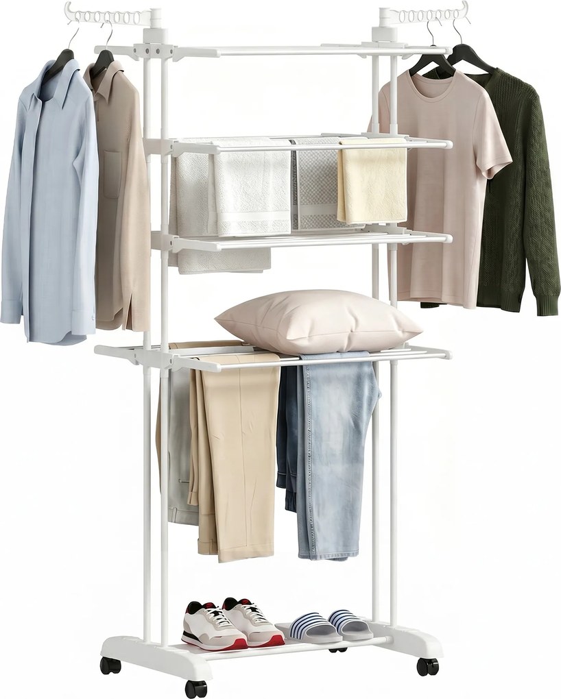 Estendal de roupa dobrável de 5 níveis com Rodas, estendal de roupa para interior com abas laterais, estrutura em aço, branco