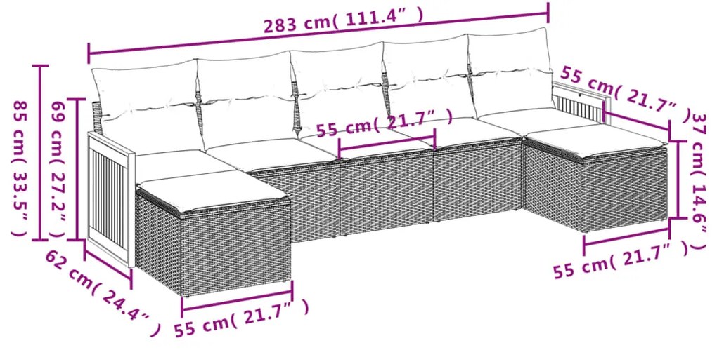 7 pcs conjunto de sofás p/ jardim com almofadões vime PE bege