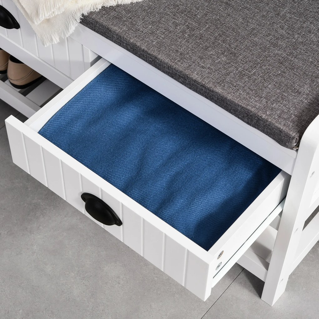 HOMCOM Cabide Sapateira com banco 4 ganchos 2 compartimentos abertos 2 gavetas removíveis e prateleira inferior moderna para corredor entrada 87x42x172 cm Branco