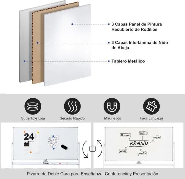 Quadro branco magnético de dupla face móvel Quadro de apagar a seco ajustável com 6 marcadores Apagador para escritório Escola 120 x 60 cm Branco