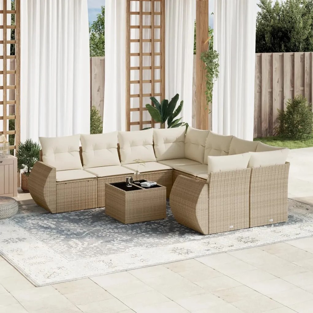 9 pcs conjunto de sofás p/ jardim com almofadões vime PE bege
