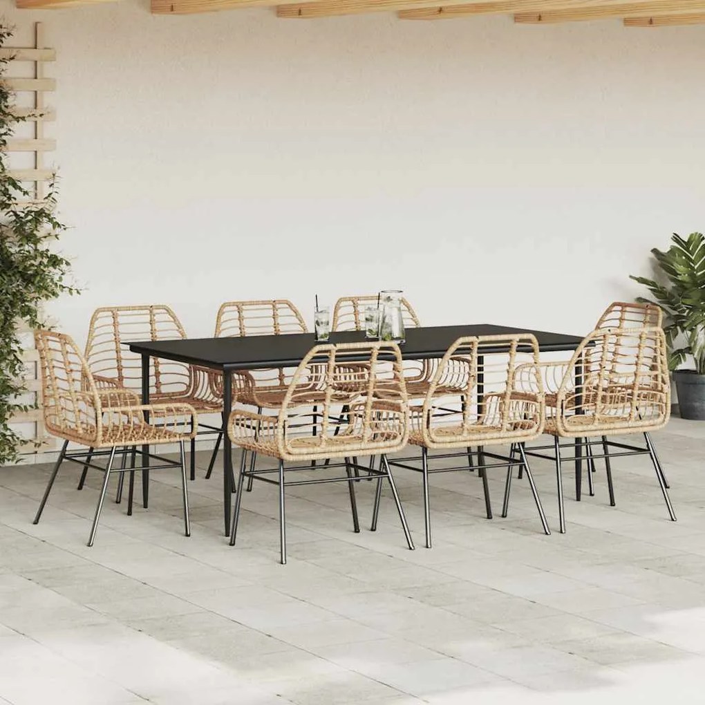 Conjunto jantar jardim 9 peças vidro vime PE castanho
