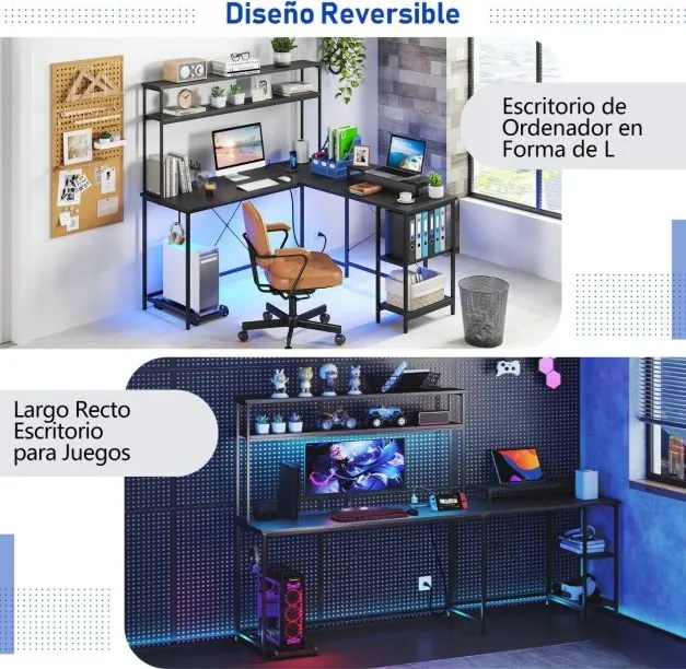 Secretária 145 x 145 x 147 cm em forma de L convertível com tomadas e portas USB e iluminação inteligente preta