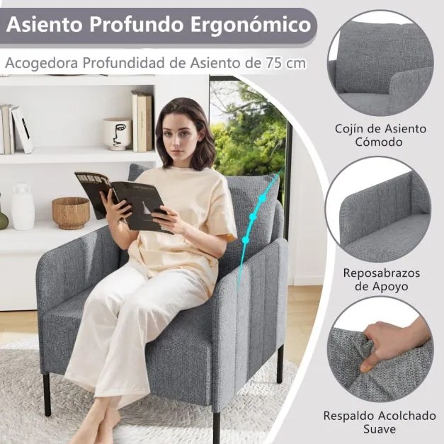 Sofá individual com almofada e pés ajustáveis Cadeira moderna de leitura 73 x 79 x 79 cm Cinza