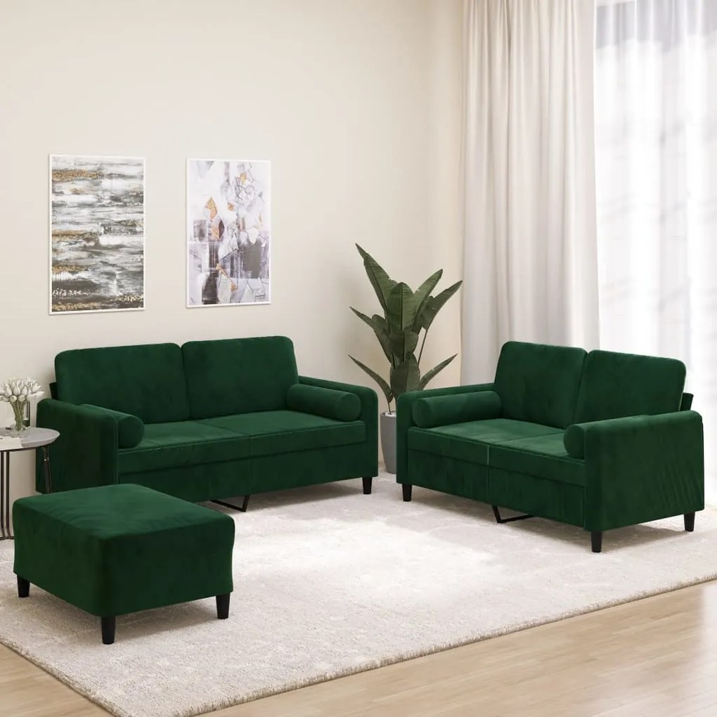 vidaXL 3pcs conjunto sofás c/ almofadas/almofadões veludo verde-escuro