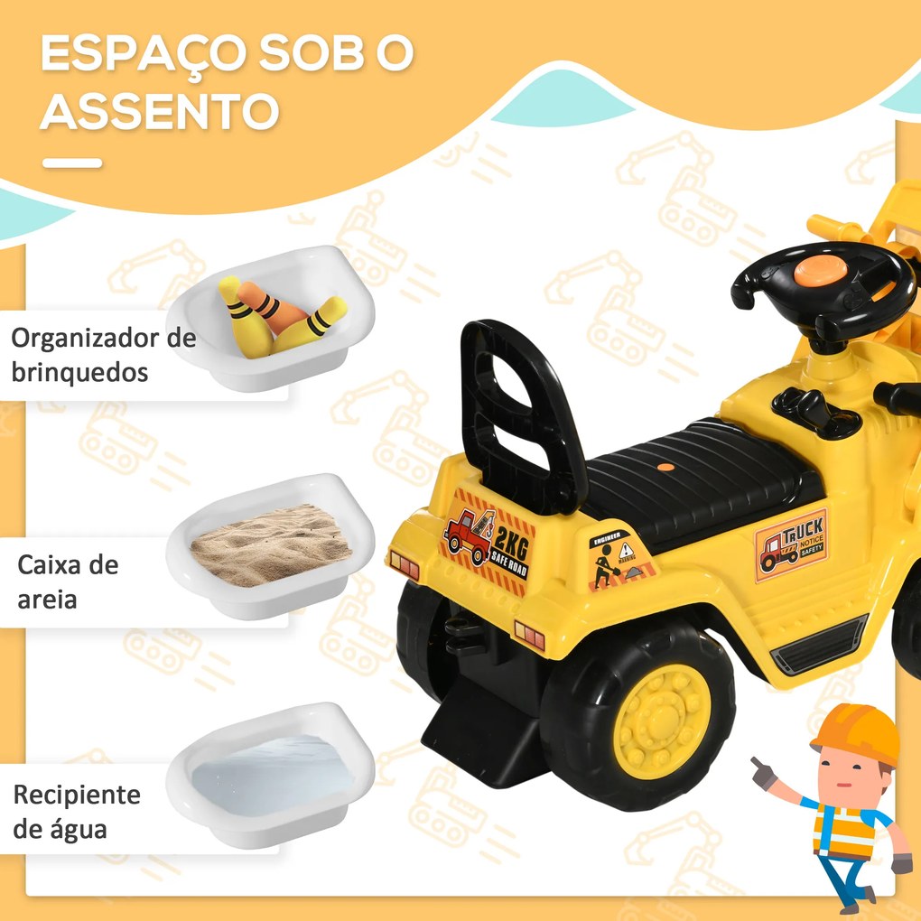 Carro Andador para Crianças acima de 3 Anos Escavadora Infantil com Pá Móvel Assento com Armazenamento Oculto e Buzina Carga Máxima 30kg 83x27x39cm Am