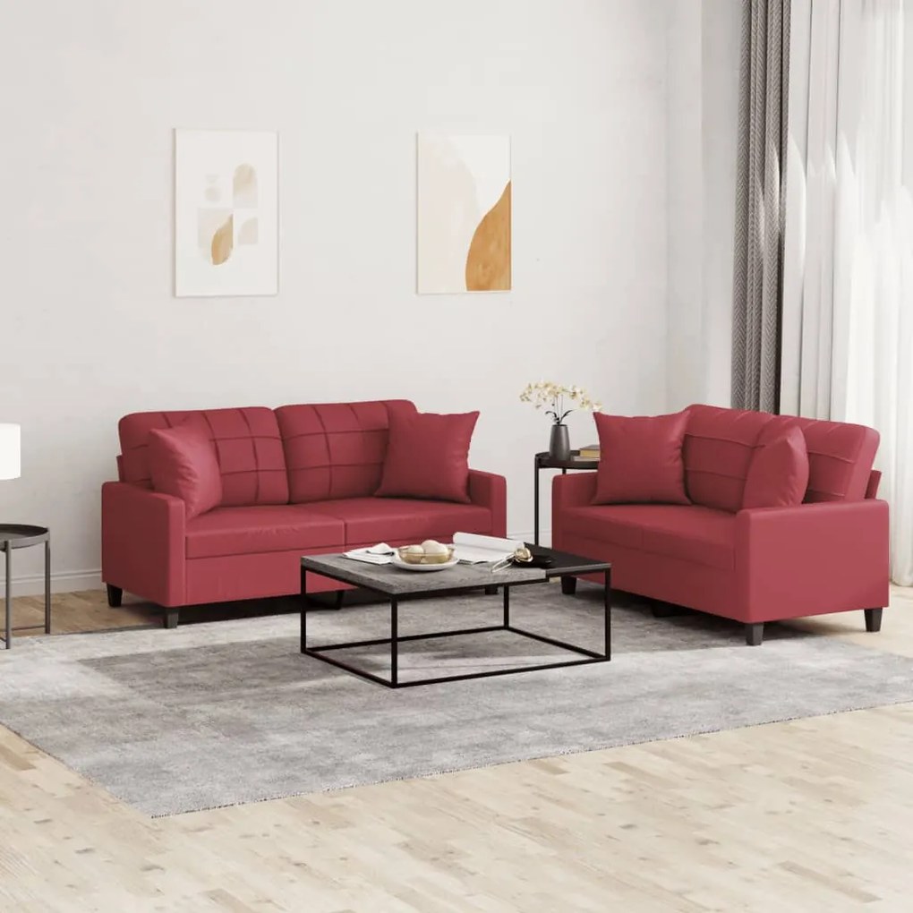vidaXL 2 pcs conjunto sofás c/ almofadas couro artif. vermelho tinto