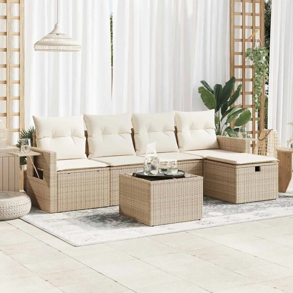 vidaXL 6 pcs conjunto de sofás p/ jardim com almofadões vime PE bege