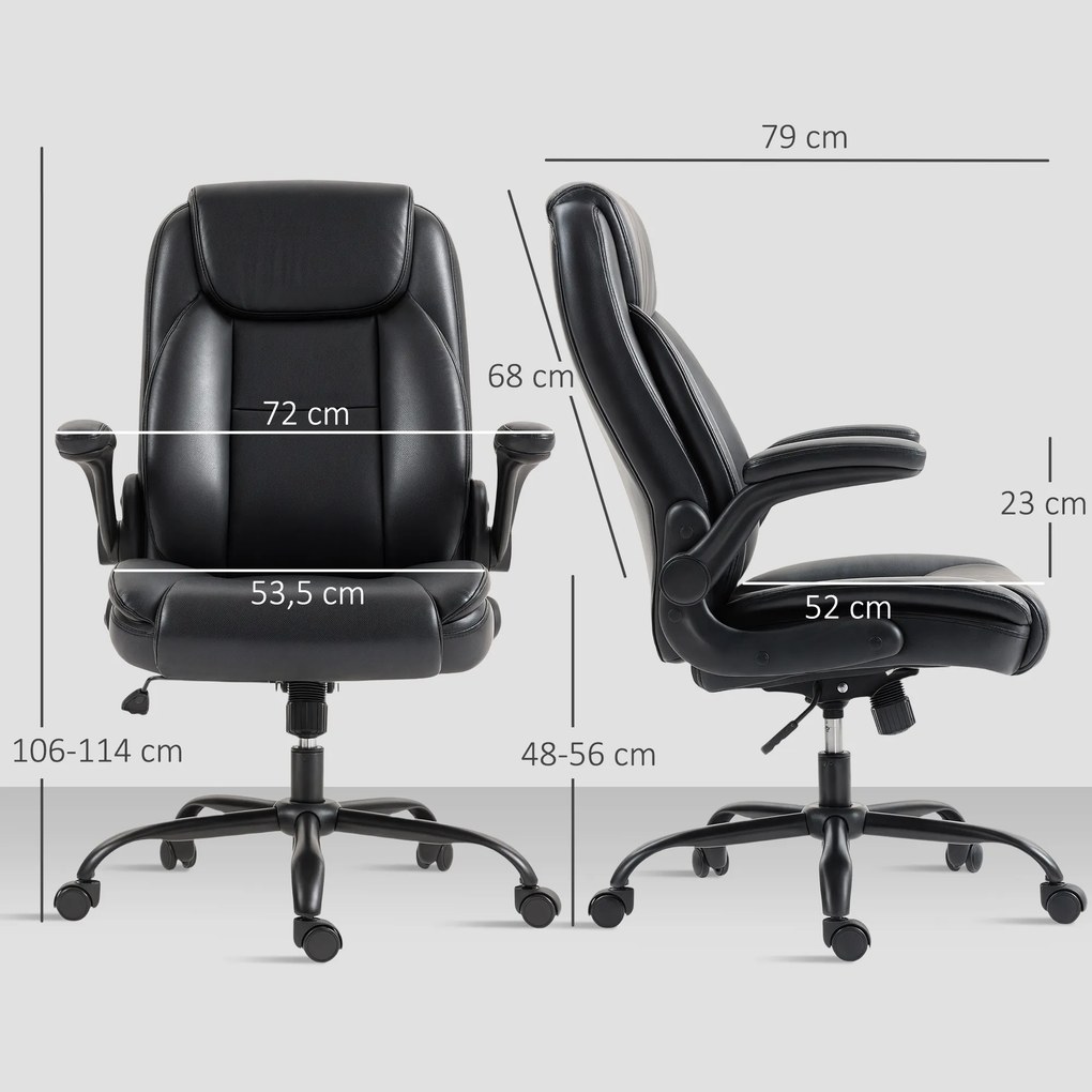 Cadeira de escritório com braços rebatíveis, cadeira de escritório ergonómica, altura ajustável, função de balanço, preta