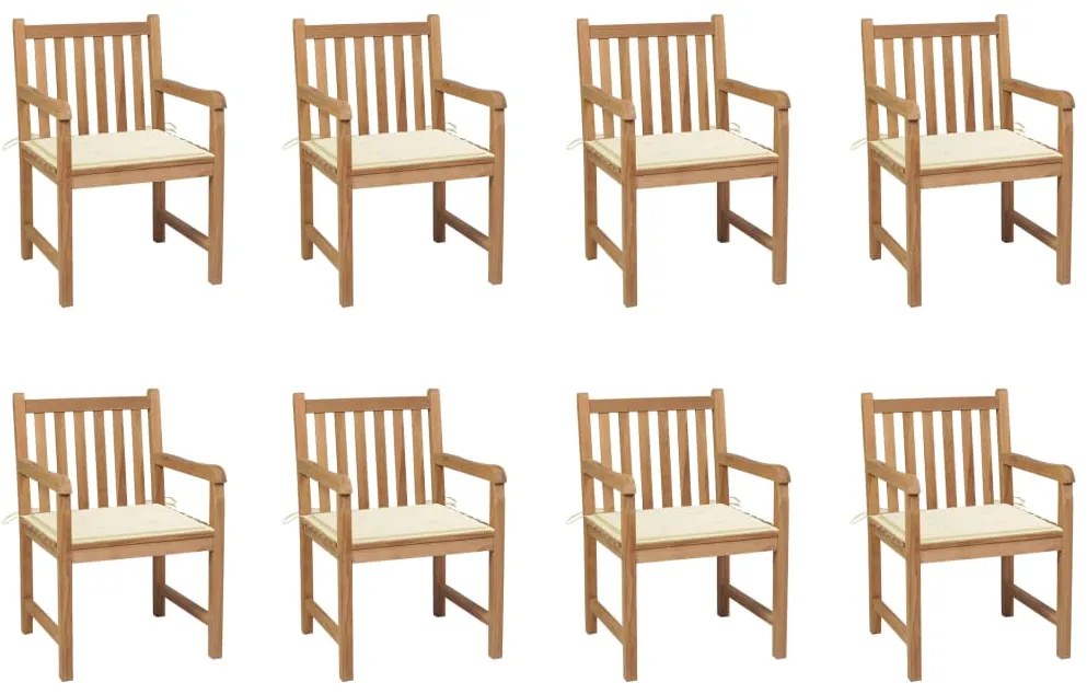 Cadeiras de jardim c/ almofadões cor creme 8 pcs teca maciça