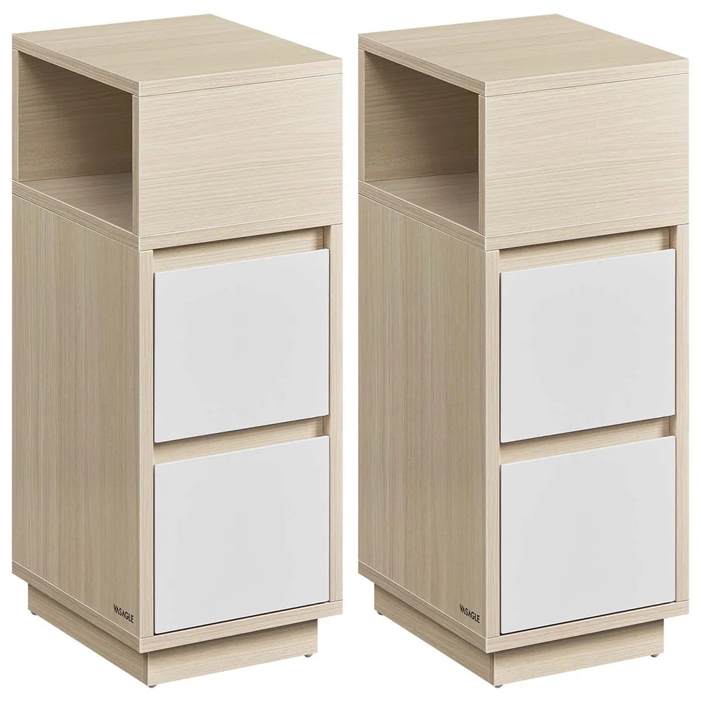 Conjunto de 2 mesas de cabeceira estreitas com gavetas 30 x 25 x 65 cm bege natural e branco nuvem