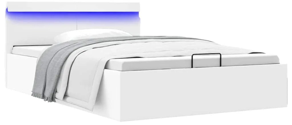 Cama hidráulica c/ arrumação LED 120x200cm couro artifi. branco