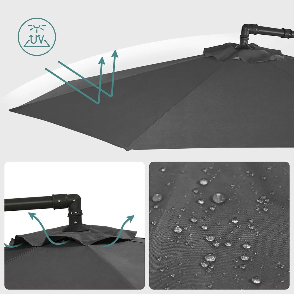 Guarda-sol jadim Ø 3 m proteção UV até UPF 50+com base quadrada (Pesos não incluidos) com manivela para abrir e fechar cinzento