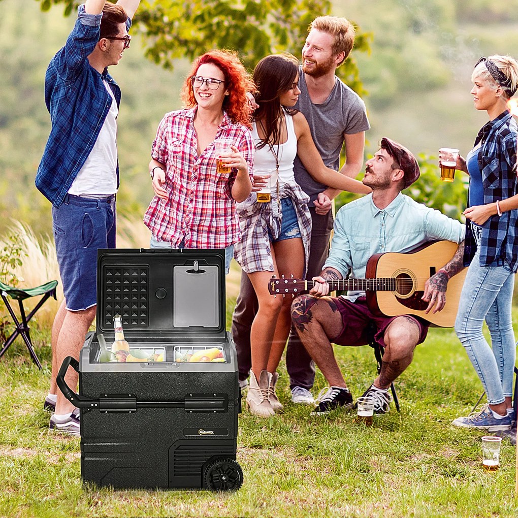 Outsunny Geleira de Compressor Portátil 55L Geleira Elétrica de Carro CC 12V/24V Temperatura até -20℃ com Tela Tátil Alça Retrátil e Rodas 71,1x46x57,1cm Preto