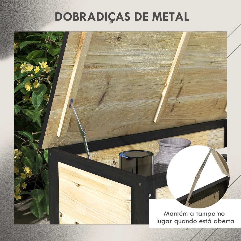 Baú de Exterior 121 L Baú de Armazenamento em Madeira com 4 Rodas para Jardim Pátio Varanda 100x50x43 cm Natural e Preto