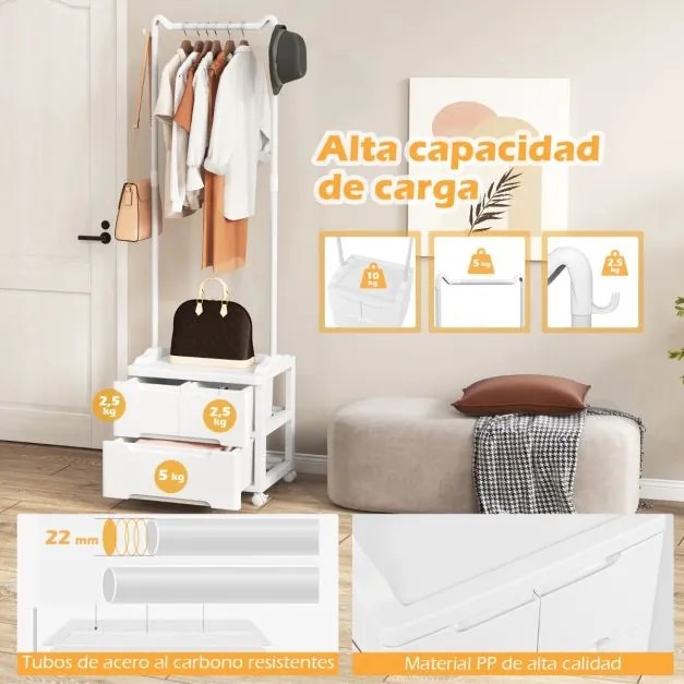 Armario Hall com cabides e gavetas com ganchos laterais e varão para pendurar Branco