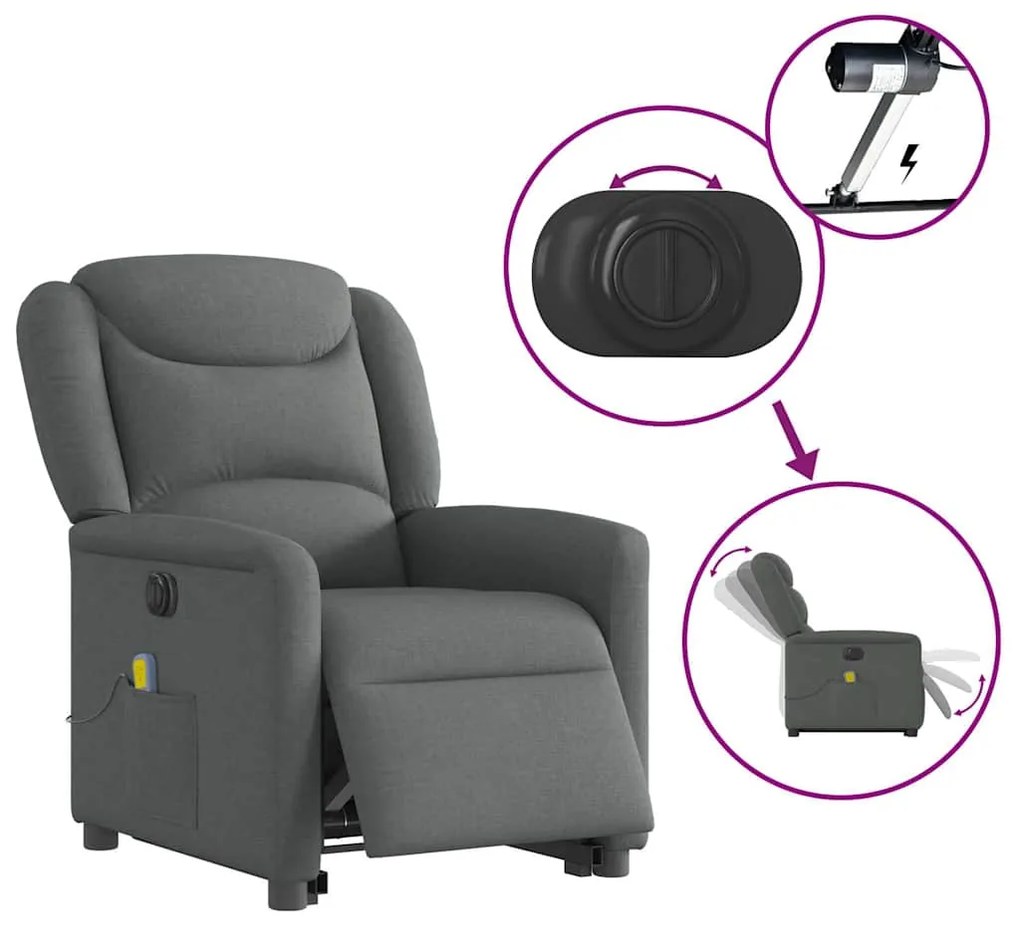 Poltrona elétrica elevatória massagens tecido cinzento-escuro